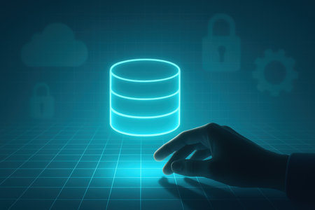 hand touching digital data storage icon on blue background. 3d renderingの素材