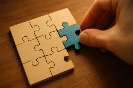 Close up of hand assembling jigsaw puzzle on wooden table, business solutions conceptの素材