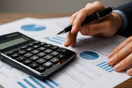Businessman analyzing investment charts with calculator, closeup of hands. Accountingの素材