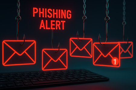 Conceptual hand writing showing Phishing Alert. Concept meaning unsolicited email that claims the prospect of a bargain Open Envelopes with lock and hook on black backgroundの素材