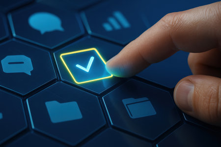 male hand pressing checkbox button on virtual computer keyboard with blue backgroundの素材