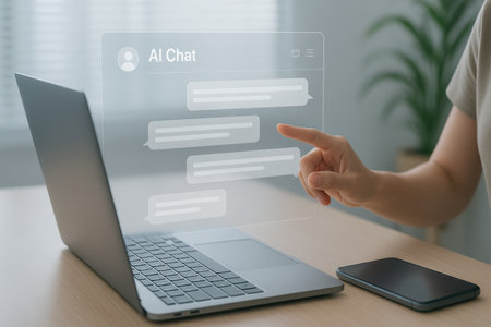 Woman using laptop with chat bubble on screen. Internet and technology concept.の素材