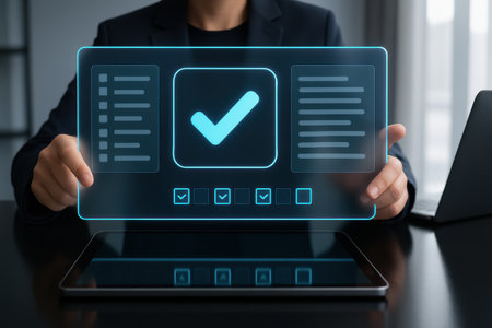 Businessman using tablet with check box icon on screen, closeupの素材