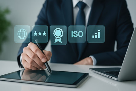 ISO certification standard. Quality assurance. Businessman working with tablet computer.の素材