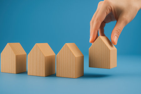 cropped shot of woman holding wooden house model near columns on blue backgroundの素材