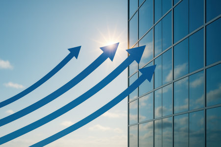 Arrows pointing upward on glass building background. 3D Renderingの素材