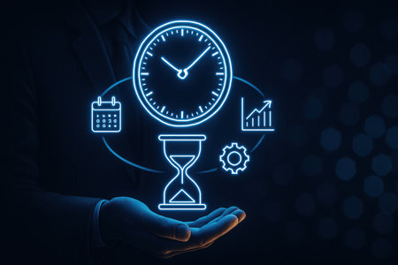 Businessman hand with clock and time icon on dark background. Time management conceptの素材