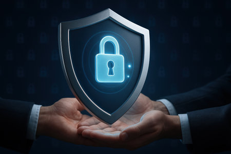 Cyber security concept. Businessman holding shield with padlock on dark backgroundの素材