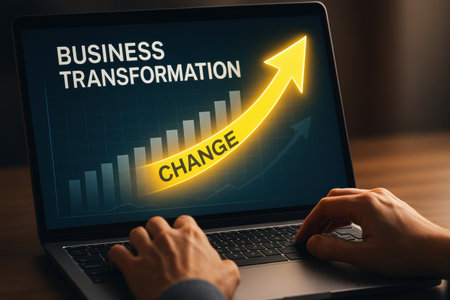 Business transformation concept on laptop screen. Business growth and success concept.の素材