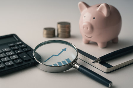 Piggy bank with magnifying glass, calculator and notebook on white backgroundの素材