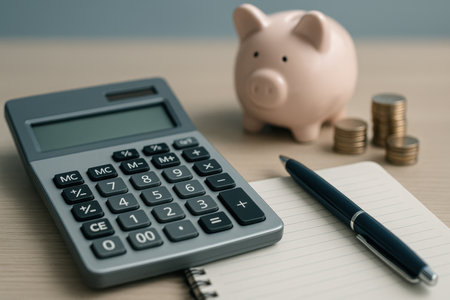 Calculator and piggy bank with notebook and pen on tableの素材