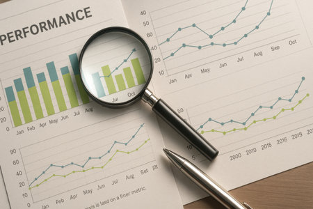 Magnifying glass and pen on business charts and graphs. Business analysis concept.の素材