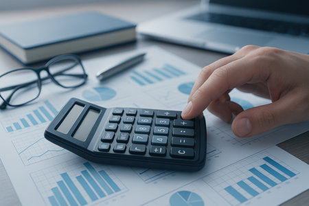 businessman hand working with finances about cost and calculator and latop on wooden tableの素材