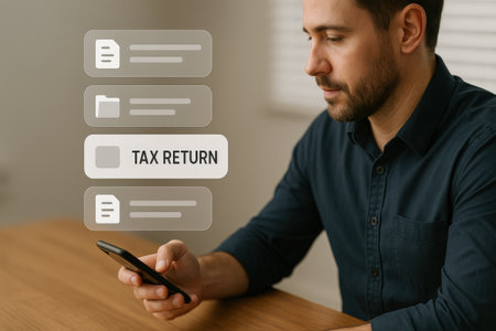 Businessman using smartphone with text TAX RETURN on screen.の素材