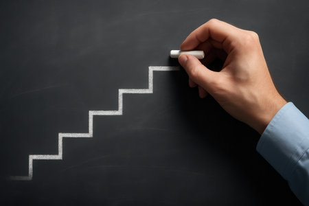 Businessman drawing stairs on blackboard, closeup. Career ladderの素材