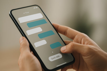 Female hands holding smartphone with messenger app on screen. Closeup viewの素材