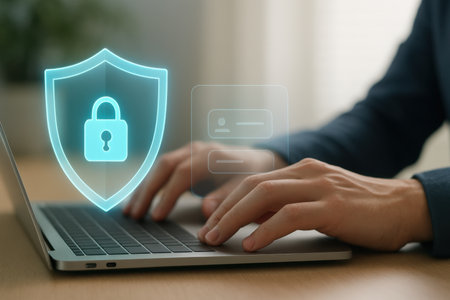 Man using laptop with padlock on screen at table indoors, closeupの素材