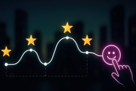 Hand pressing button on virtual screen with glowing stars and night city backgroundの素材