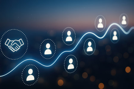 Handshake icon on blurred city background. Teamwork concept. 3D Renderingの素材