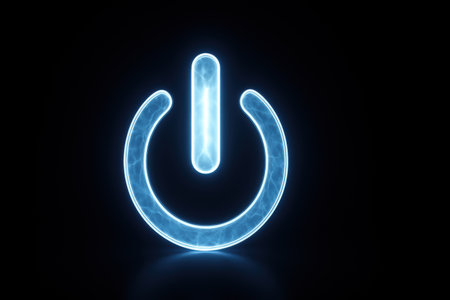 Glowing power button on dark background. Power symbol. 3D renderingの素材