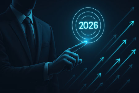 businessman hand pressing new year 2020 button on virtual screen over blue backgroundの素材