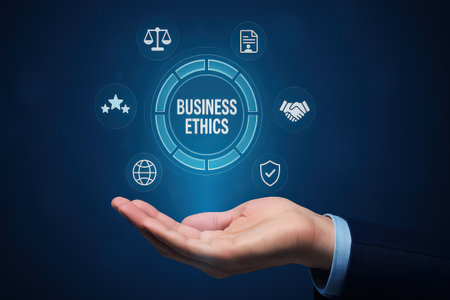 Business Ethics concept with icons and symbols on a dark blue background.の素材