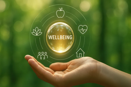 Hand holding a globe with wellness concept on nature background. 3D renderingの素材