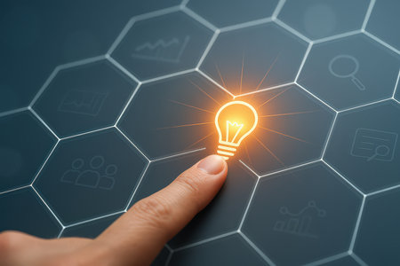 Hand touching lightbulb on virtual screen. Technology and innovation conceptの素材