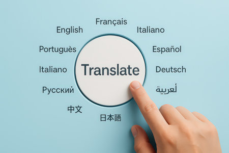 Hand pressing the Translate button on a blue background. 3d renderingの素材