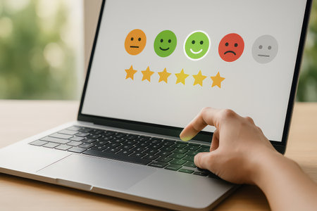 Customer satisfaction concept on laptop screen. Customer review and feedback concept.の素材