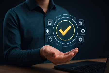 Quality control concept on virtual screen. Business, internet and technology concept.の素材