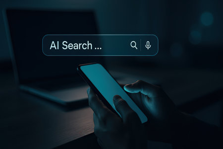 male hand holding smart phone with online search bar on screen at nightの素材