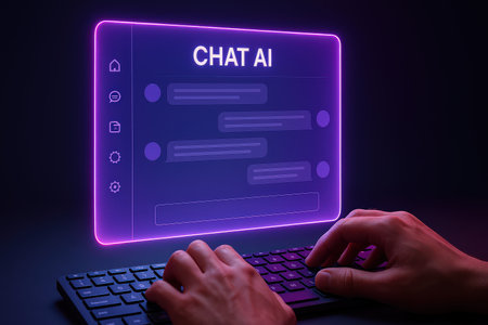 Hands typing on keyboard with chat and chat icon on dark backgroundの素材