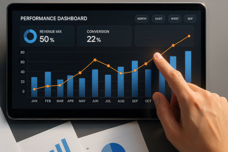 Finger touching tablet with financial graph on screen. Business concept.の素材