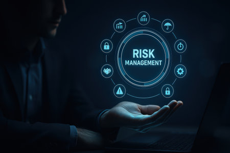 Risk Management, Business, Technology and Internet concept. Businessman working on a virtual screen of the future and sees the inscription: Risk managementの素材