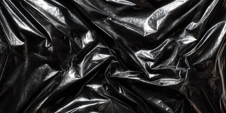 Black plastic texture background. Close-up of crumpled fabric.の素材