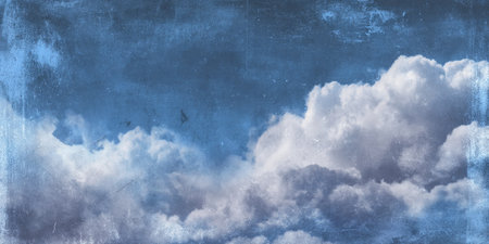 Blue sky background with white clouds and grunge textured paper.の素材