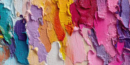 Painting close up of colorful abstract oil painting on canvas texture backgroundの素材