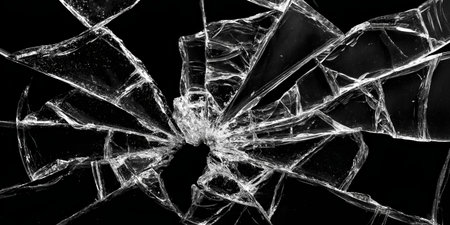 Broken glass on a black background. Large cracks in the glass.の素材
