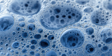 Soap foam with bubbles close-up. Abstract blue background.の素材