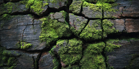 Green moss on old tree bark. Natural background. Close up.の素材