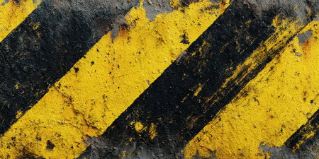 Yellow and black stripes on the road. Abstract background for design.の素材