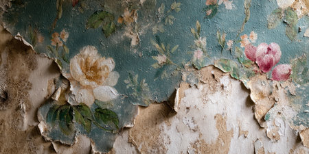 Old wall with peeling paint and floral pattern. Vintage background.の素材