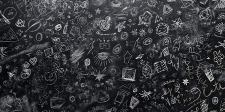 School doodles on blackboard background. School education concept.の素材