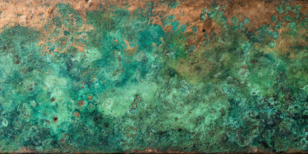 Rusty metal plate with green and blue spots. Abstract background and texture for design.の素材