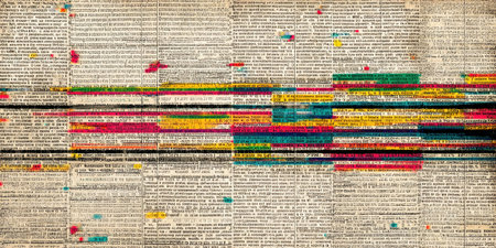 Close up of old newspaper with colorful letters. Grunge effect.の素材