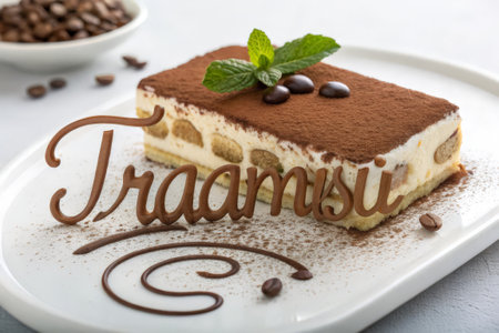 Tiramisu cake on white plate with coffee beans, closeupの素材