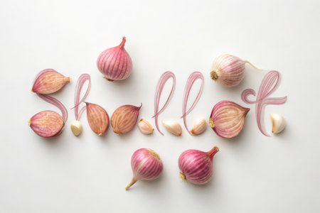 Word LOVE made of fresh shallot on white background, top viewの素材