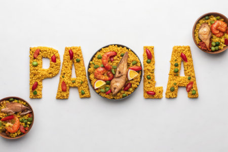 Spicy paella with chicken and vegetables, isolated on white backgroundの素材