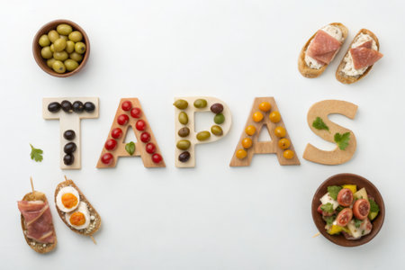top view of appetizer word made of wooden letters on white backgroundの素材